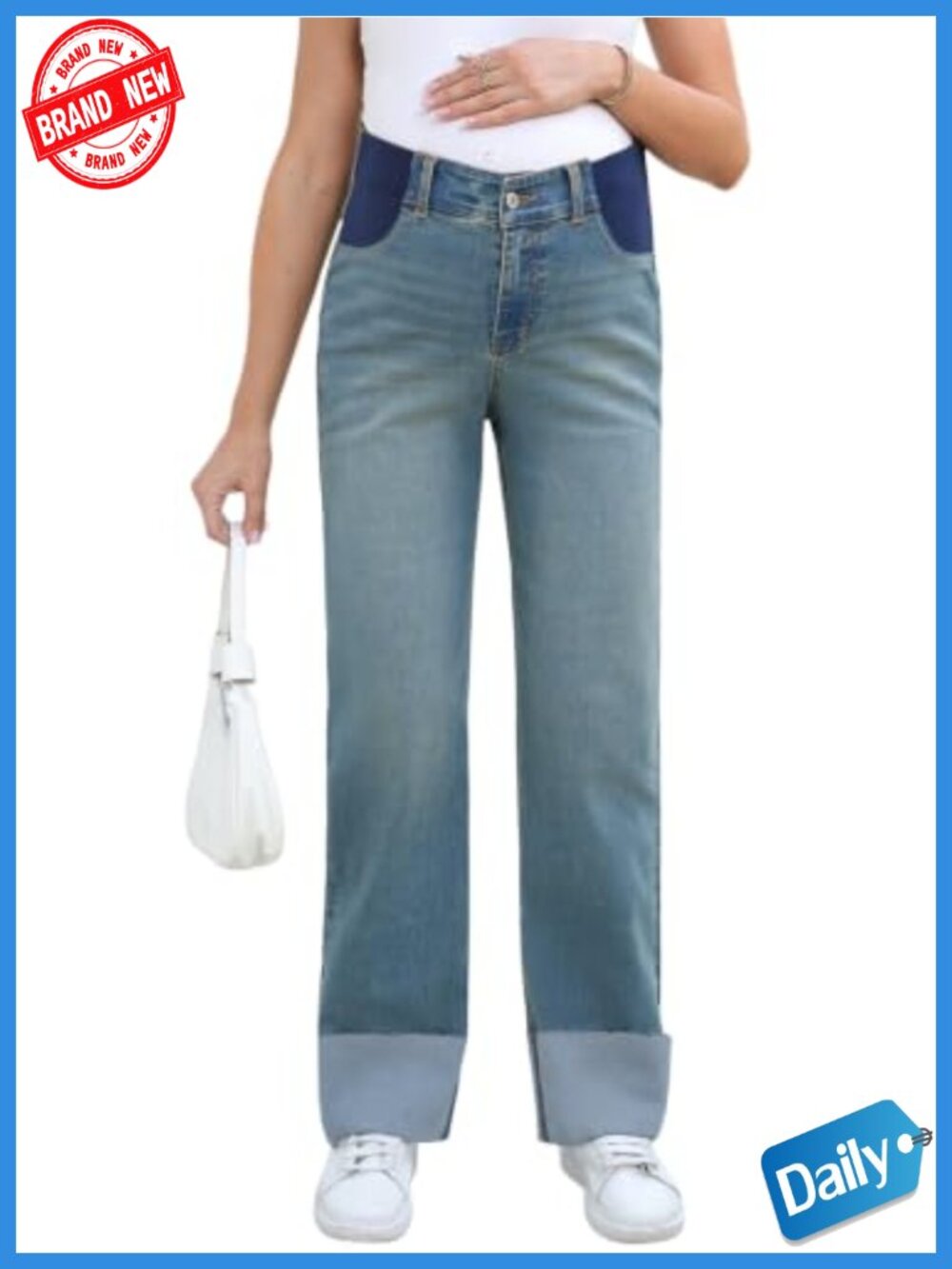 Maternity Baggy Wide Leg Cuffed Denim Jeans with Pockets, Stretchy Cotton Blend